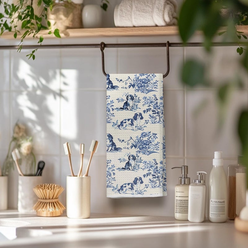 EKGJW Chinoiserie Cavalier King Charles Spaniel Kitchen Towels, King Charles Cavalier Gifts Dish Tea Towels for Kitchen, Grandmillennial Toile de Jouy Dog Hand Towels for Bathroom, 16x24 Inch - Image 5